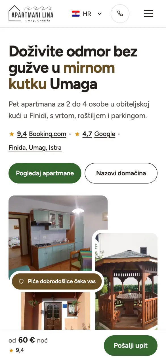 Apartmani Lina Umag – početna stranica na mobitelu