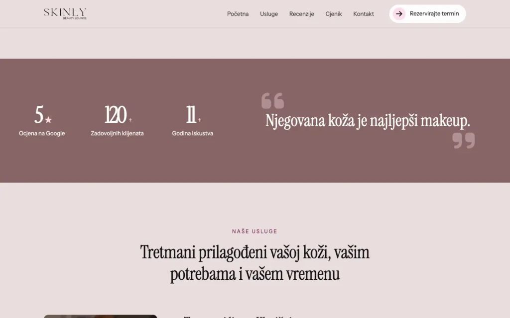 Skinly Beauty Lounge – sadržaj stranice na računalu