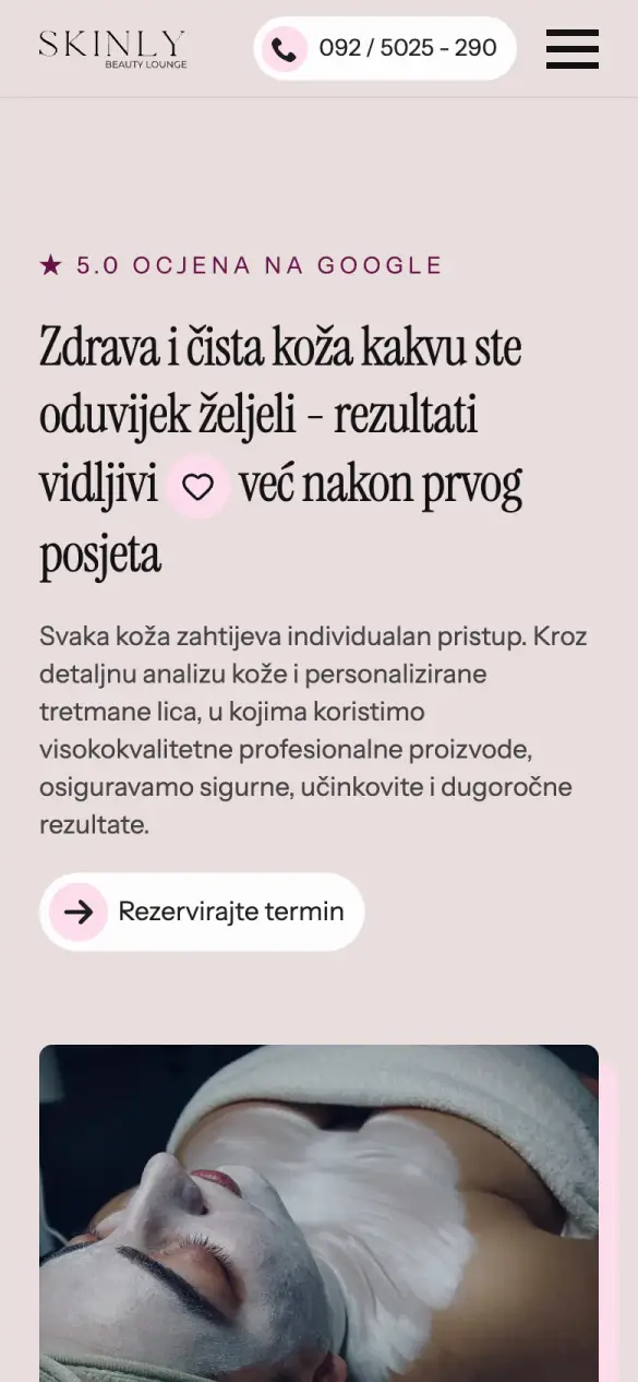 Skinly Beauty Lounge – početna stranica na mobitelu