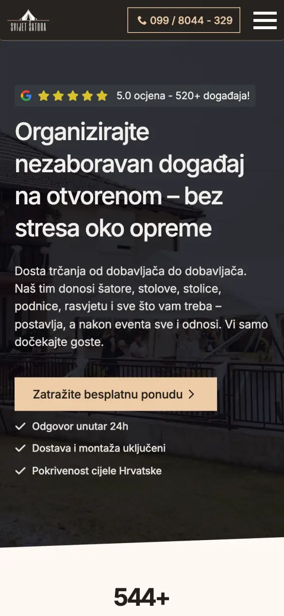 Svijet Šatora – početna stranica na mobitelu