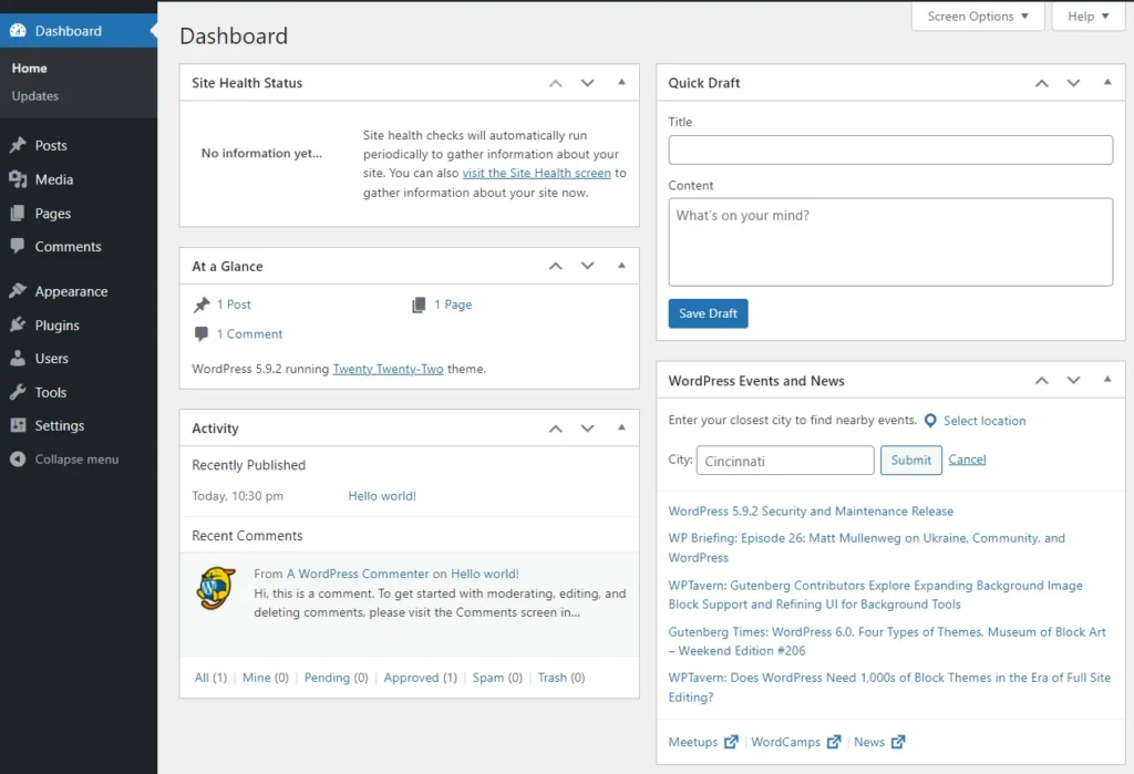 WP Admin dashboard